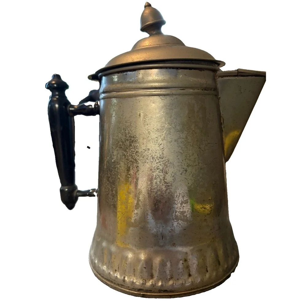 Antique The Rochester Aluminum Coffee Pot Hinged Lid Spout Black Handle